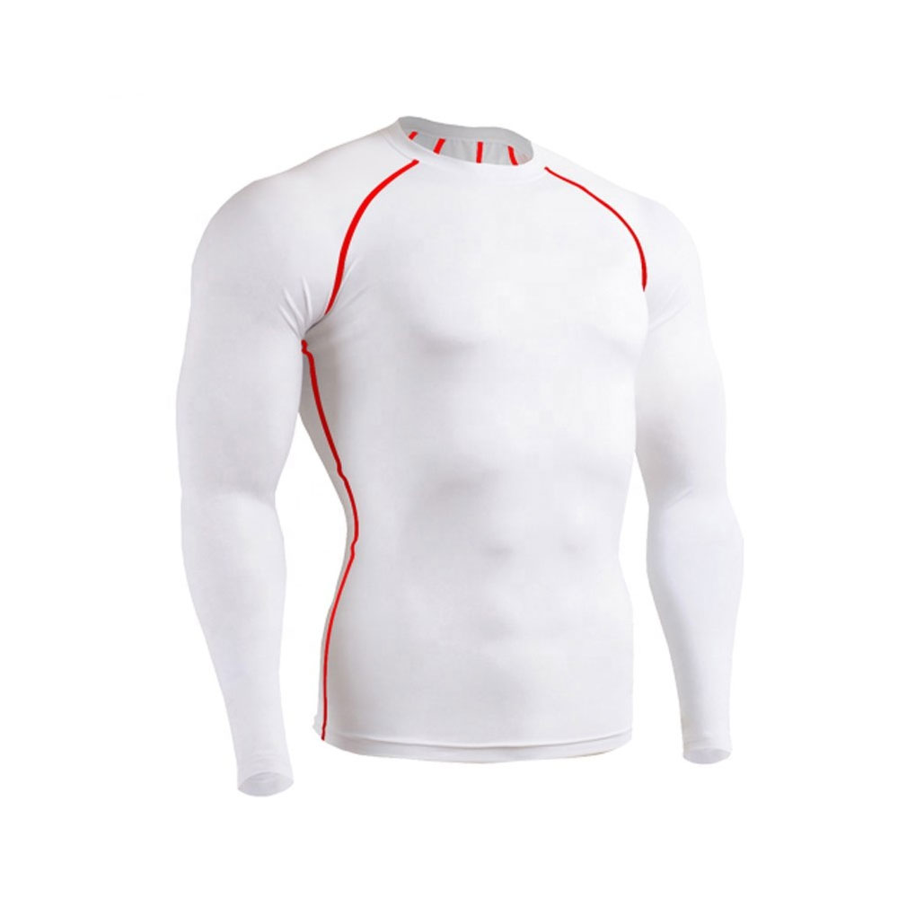 Long sleeve white men's compression shirts with red stitching for gym and training.