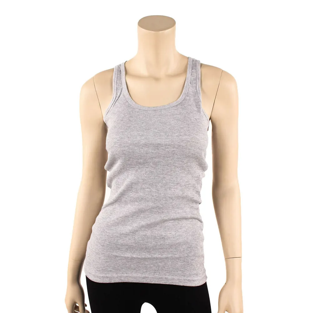 Women's basic scoop neck tank in grey heather ribbed fabric for daily wear.